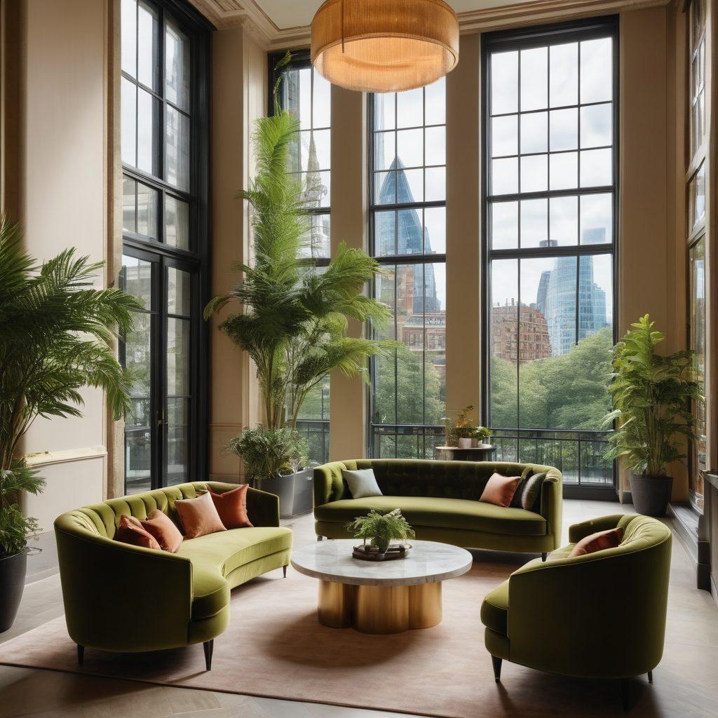 A stunning luxury hotel lobby in London, filled with elegant decor, lush greenery, and large windows showcasing the city skyline. Include welcoming staff in stylish uniforms, plush seating areas with plush cushions, and soft ambient lighting for a cozy yet chic atmosphere. Capture the essence of relaxation and sophistication, emphasizing a serene escape from the urban hustle. super-realistic. vibrant colors. 3D.