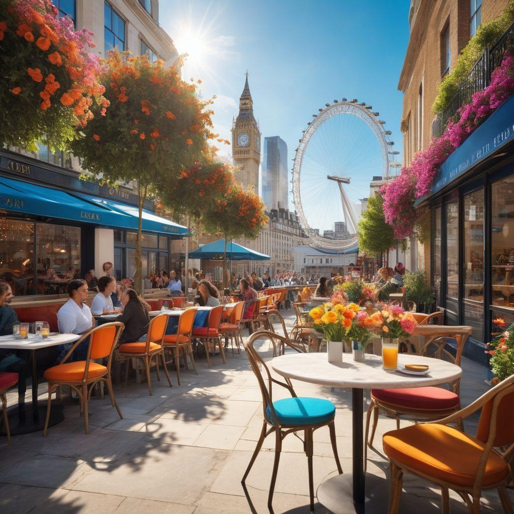 A serene urban retreat in the bustling heart of London, featuring a cozy café with colorful flowers spilling over the tables, surrounded by tall buildings. In the background, the iconic London Eye and a bright blue sky peek through. A diverse group of joyful people enjoying leisure, with soft sunlight casting a warm glow. super-realistic. vibrant colors. 3D.
