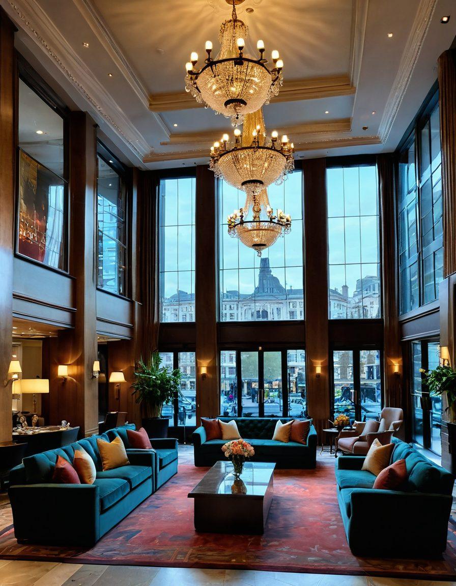 An inviting, luxurious hotel lobby in London, adorned with elegant chandeliers and plush seating areas. A diverse group of cheerful travelers, including a couple and a family, enjoying complimentary drinks and warm hospitality from attentive staff. Stunning views of iconic London landmarks can be seen through large glass windows. The ambiance should exude warmth and comfort, showcasing unmatched hospitality. super-realistic. vibrant colors. 3D.